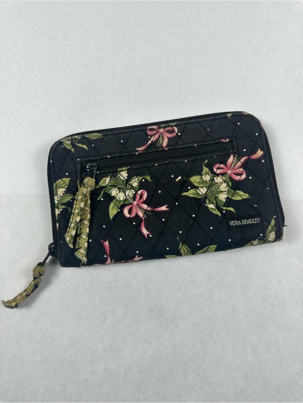 Vera Bradley Black Quilted Floral Zip-Around Wallet with Pink Bows